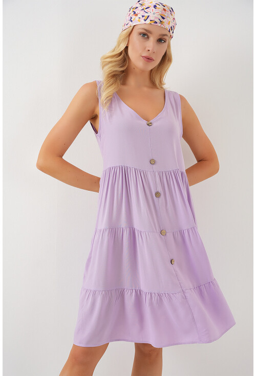 Kadın Sıfır Kol Düğmeli Kısa Elbise 2571