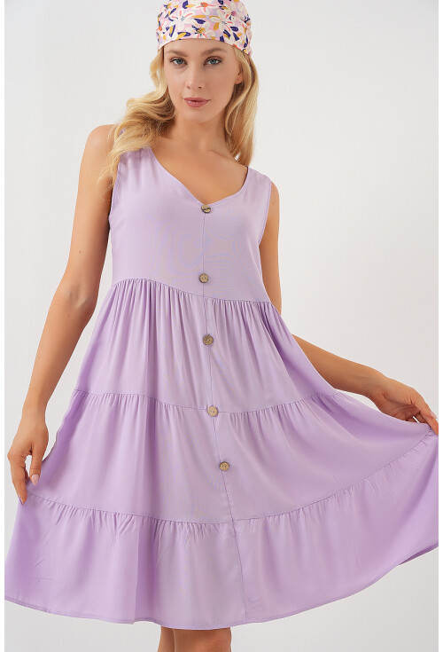 Kadın Sıfır Kol Düğmeli Kısa Elbise 2571