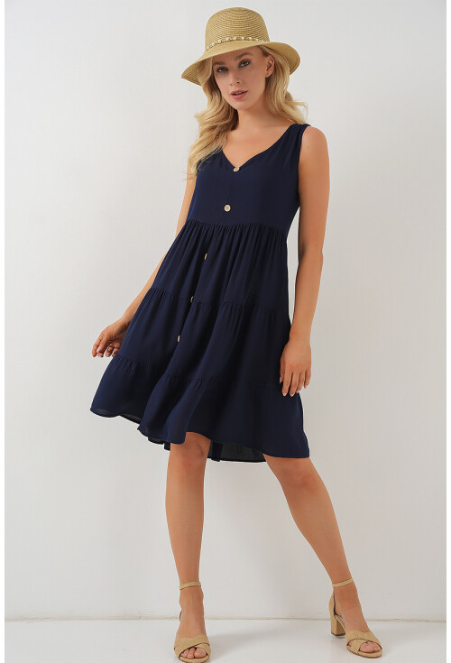 Kadın Sıfır Kol Düğmeli Kısa Elbise 2571