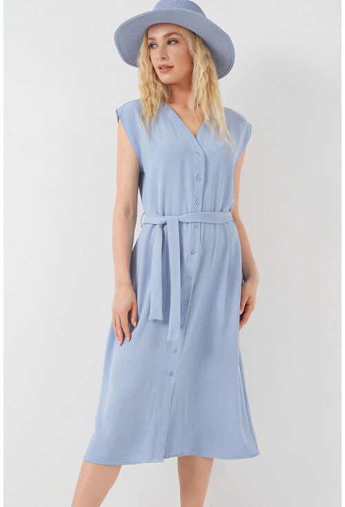 Kadın Sıfır Kol Kuşaklı Ayrobin Elbise 2568