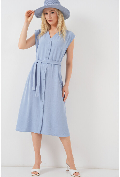 Kadın Sıfır Kol Kuşaklı Ayrobin Elbise 2568