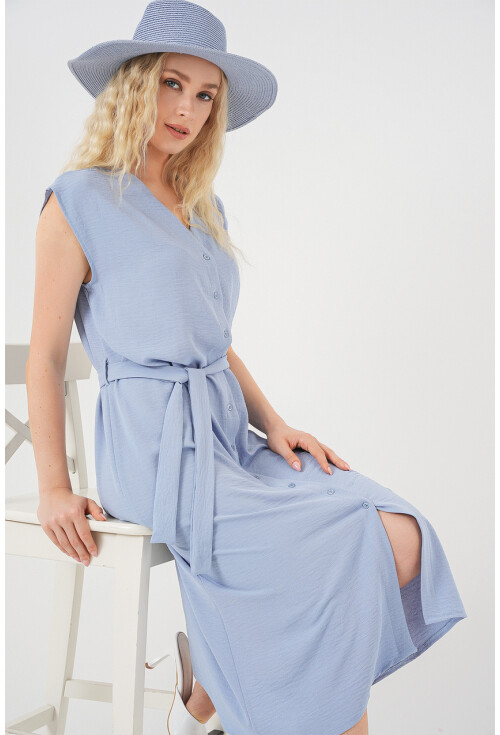 Kadın Sıfır Kol Kuşaklı Ayrobin Elbise 2568