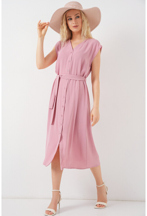 Kadın Sıfır Kol Kuşaklı Ayrobin Elbise 2568