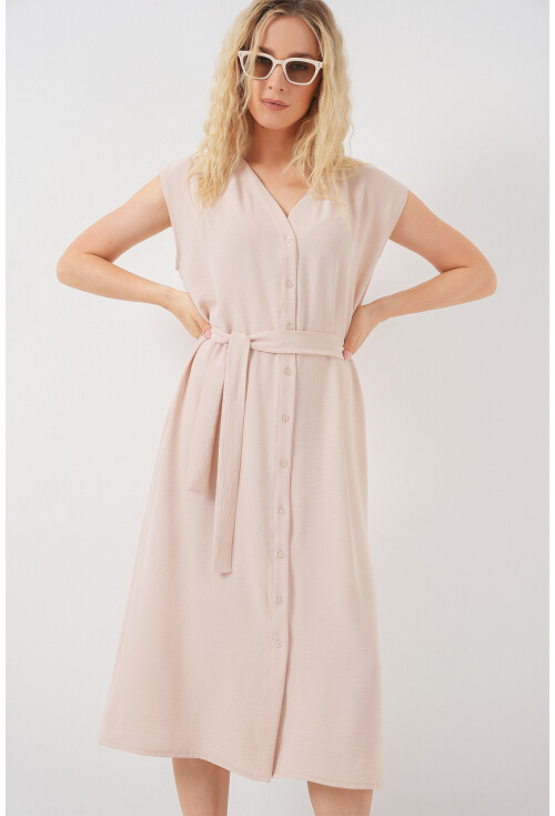 Kadın Sıfır Kol Kuşaklı Ayrobin Elbise 2568