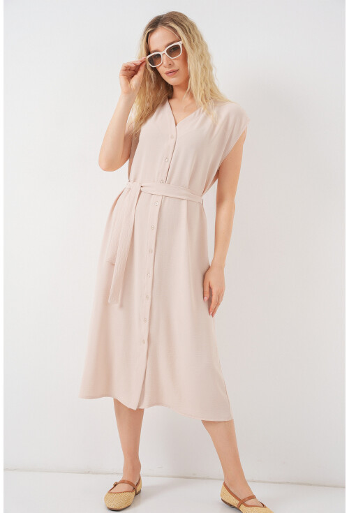 Kadın Sıfır Kol Kuşaklı Ayrobin Elbise 2568