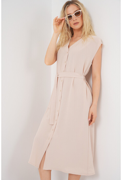 Kadın Sıfır Kol Kuşaklı Ayrobin Elbise 2568