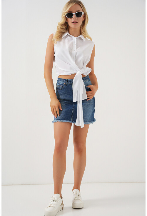 Kadın Sıfır Kol Önü Bağlamalı Gömlek 20340