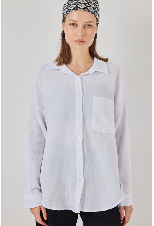 Kadın Tek Cepli Oversize Müslin Gömlek 20353
