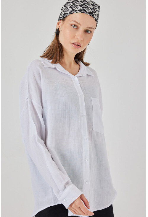 Kadın Tek Cepli Oversize Müslin Gömlek 20353