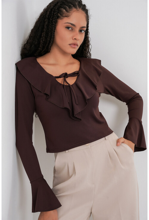 Kadın Uzun Kol Crop Bluz 979