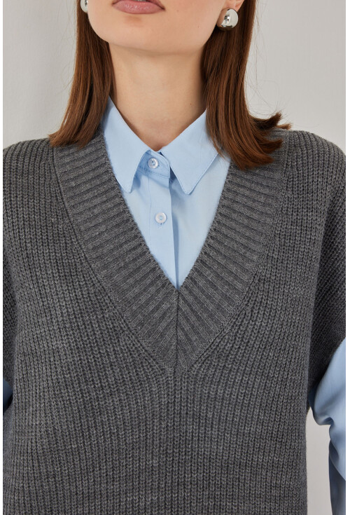 Kadın V Yaka Triko Süveter 15925