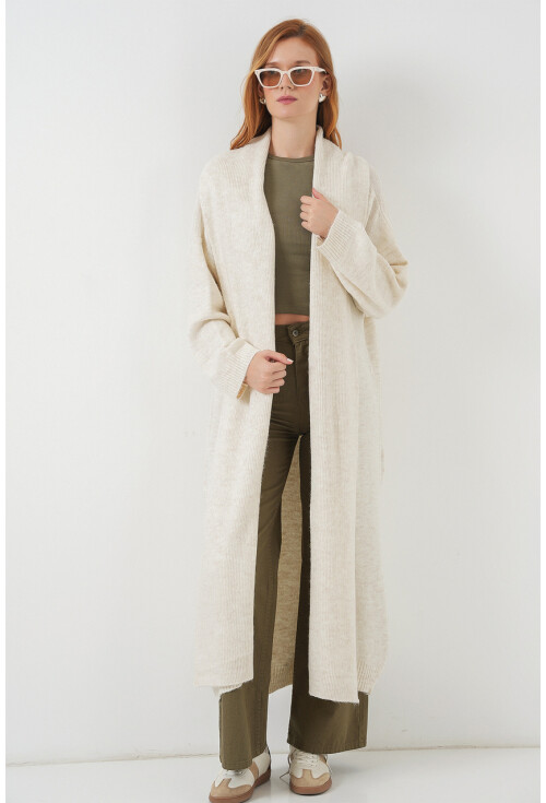 Kadın Yün Dokulu Katlama Yaka Uzun Triko Hırka 15924