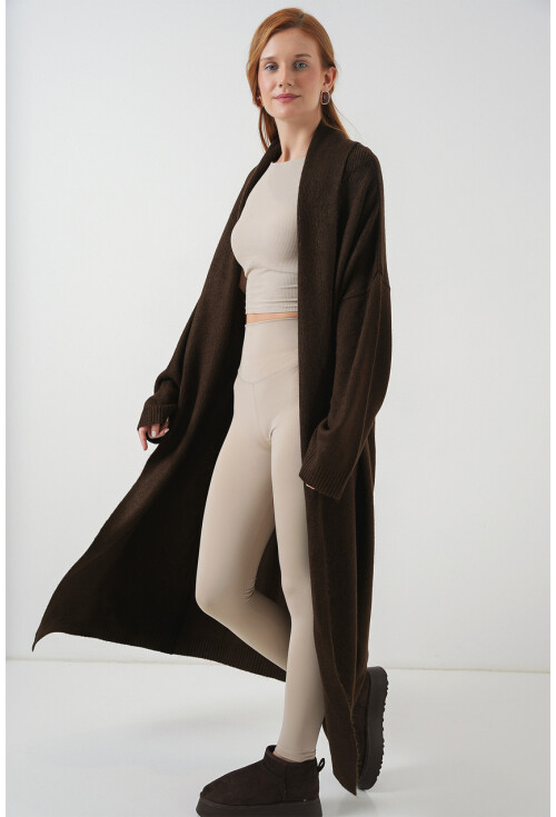 Kadın Yün Dokulu Katlama Yaka Uzun Triko Hırka 15924