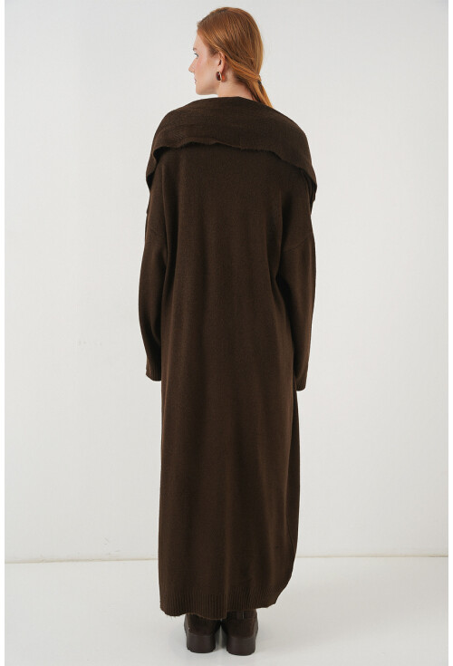 Kadın Yün Dokulu Katlama Yaka Uzun Triko Hırka 15924