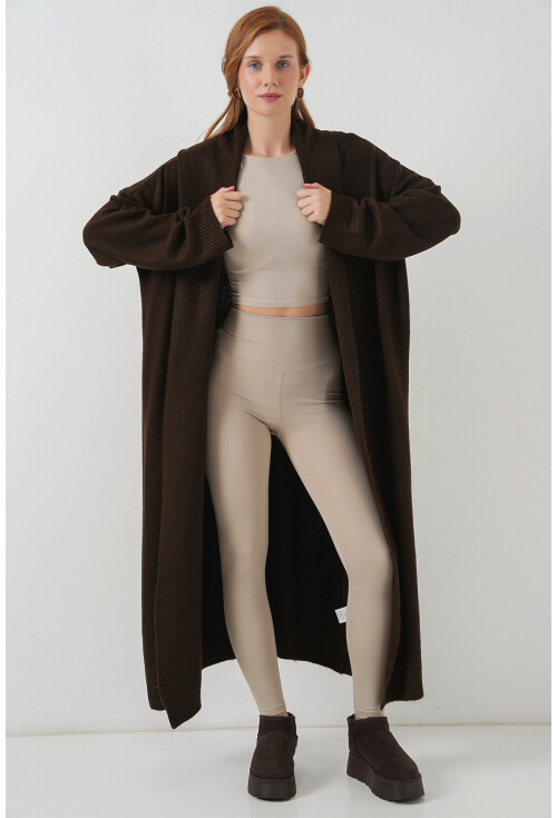 Kadın Yün Dokulu Katlama Yaka Uzun Triko Hırka 15924