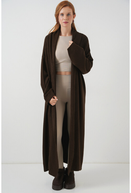 Kadın Yün Dokulu Katlama Yaka Uzun Triko Hırka 15924