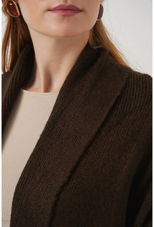 Kadın Yün Dokulu Katlama Yaka Uzun Triko Hırka 15924