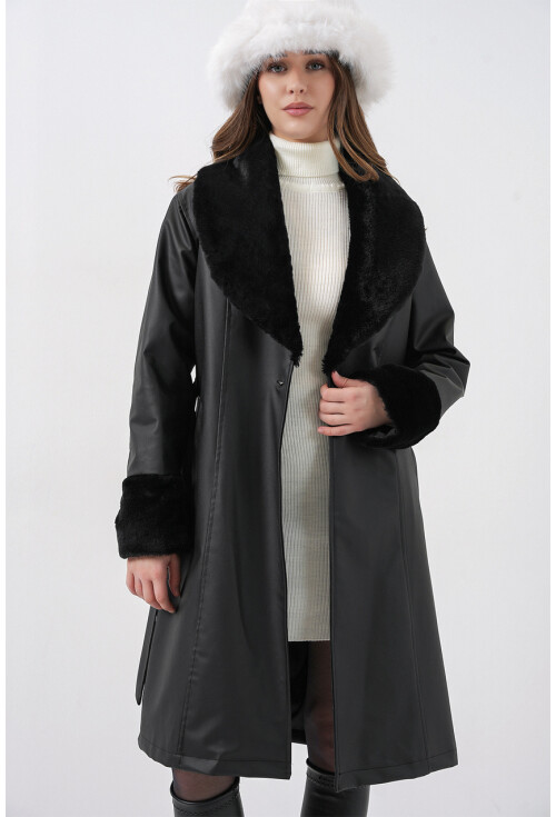 1045 Yaka Kürklü Kemerli Suni Deri Mont