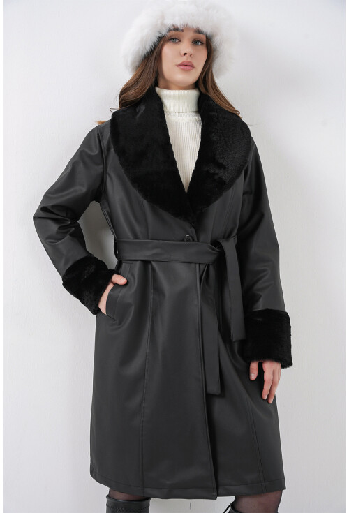 1045 Yaka Kürklü Kemerli Suni Deri Mont
