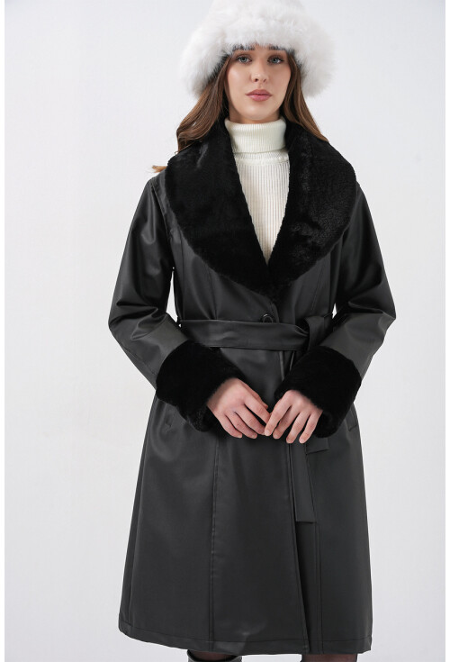 1045 Yaka Kürklü Kemerli Suni Deri Mont