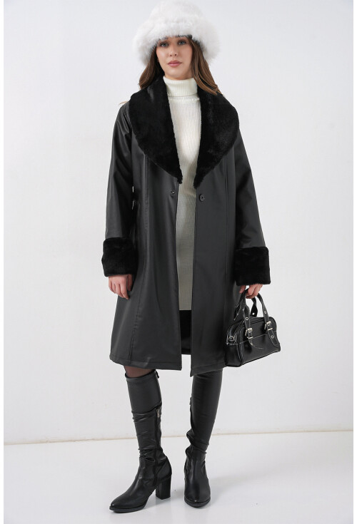 1045 Yaka Kürklü Kemerli Suni Deri Mont