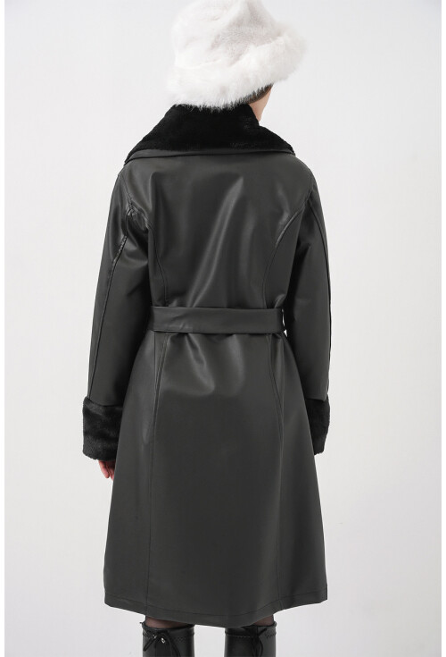 1045 Yaka Kürklü Kemerli Suni Deri Mont