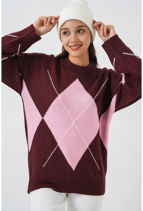 15895 Baklava Desenli Oversize Triko Kazak