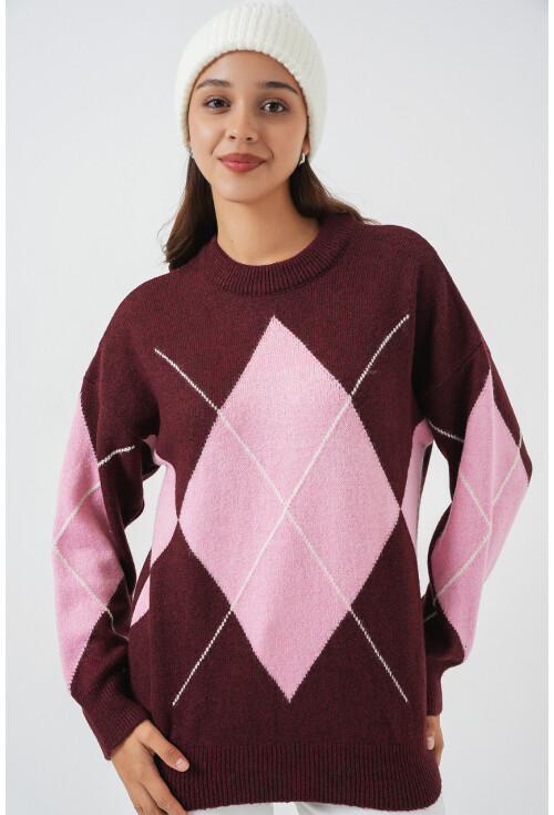 15895 Baklava Desenli Oversize Triko Kazak