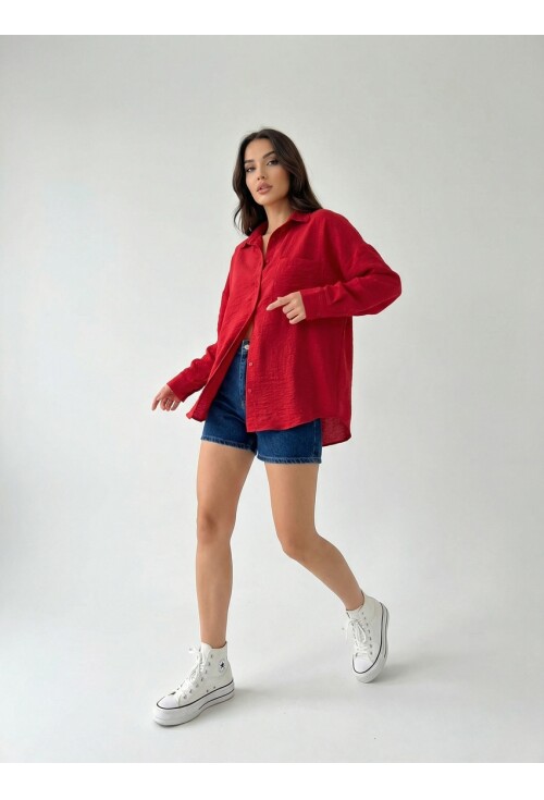 20153 Tek Cepli Oversize Keten Gömlek