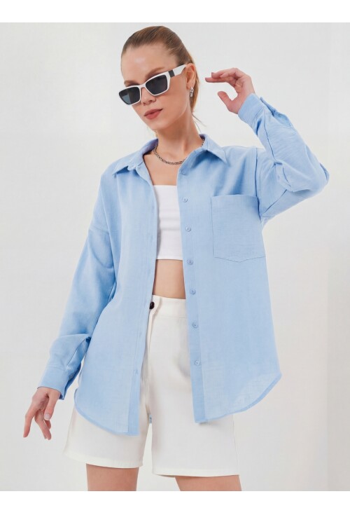 20153 Tek Cepli Oversize Keten Gömlek