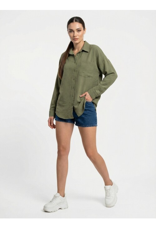 20153 Tek Cepli Oversize Keten Gömlek