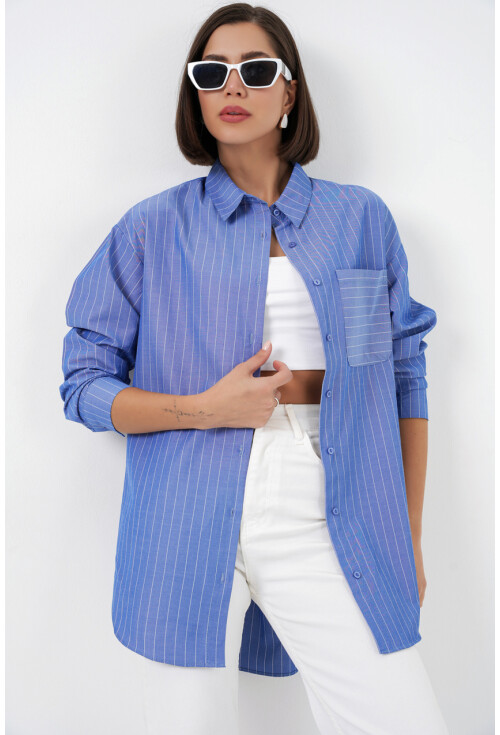 20217 Cep Detaylı Çizgili Oversize Gömlek