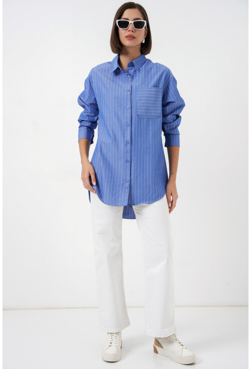 20217 Cep Detaylı Çizgili Oversize Gömlek