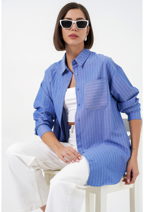 20217 Cep Detaylı Çizgili Oversize Gömlek