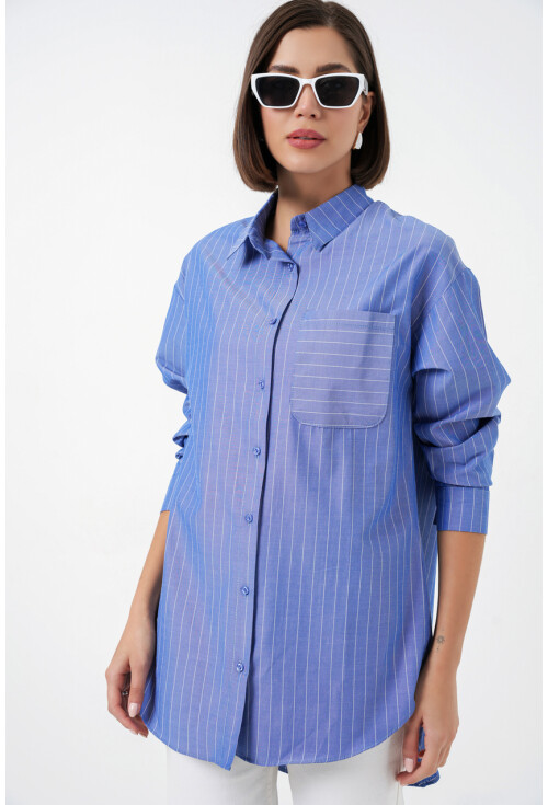 20217 Cep Detaylı Çizgili Oversize Gömlek