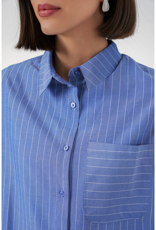 20217 Cep Detaylı Çizgili Oversize Gömlek