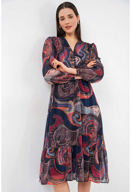 2137 Desenli Şifon Elbise