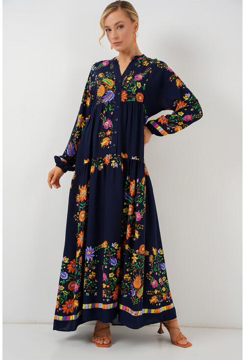 2423 Otantik Desenli Tesettür Elbise