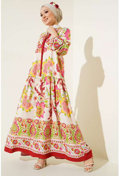 2423 Otantik Desenli Tesettür Elbise