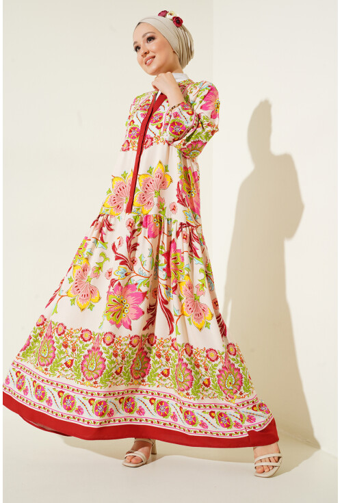 2423 Otantik Desenli Tesettür Elbise