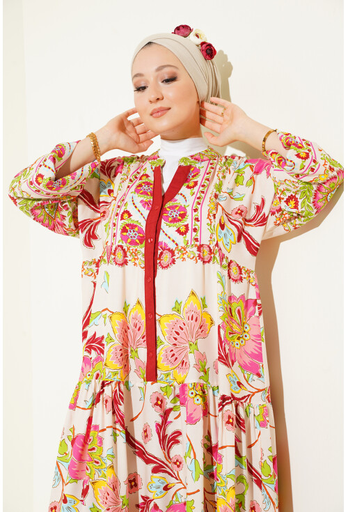 2423 Otantik Desenli Tesettür Elbise