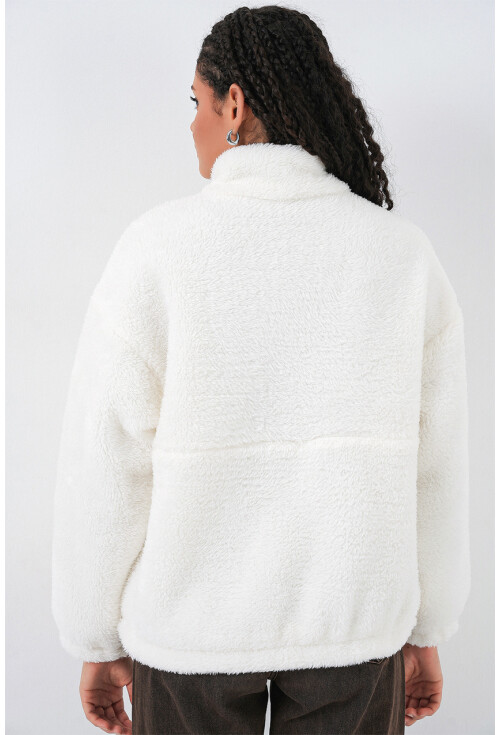 5194 Fermuarlı Ekru Peluş Ceket