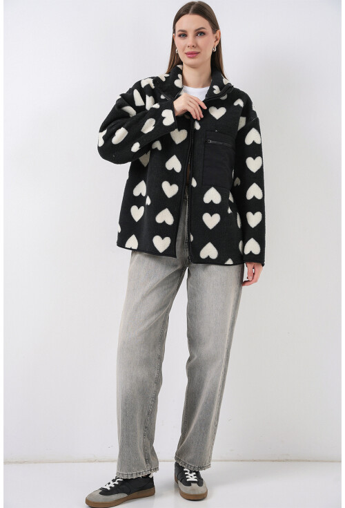 55446 Fermuarlı Oversize Peluş Ceket Mont