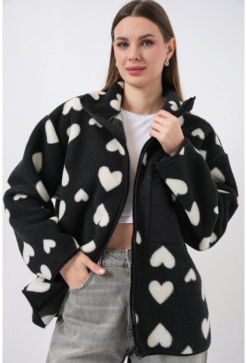 55446 Fermuarlı Oversize Peluş Ceket Mont