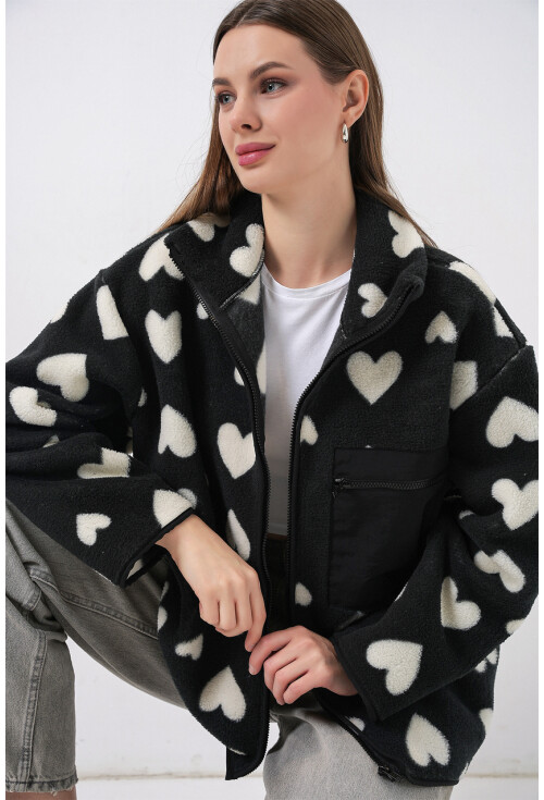 55446 Fermuarlı Oversize Peluş Ceket Mont