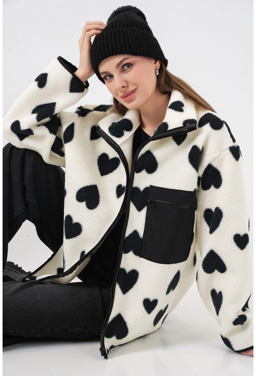 55446 Fermuarlı Oversize Peluş Ceket Mont