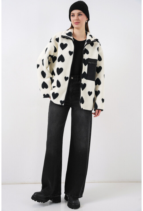 55446 Fermuarlı Oversize Peluş Ceket Mont