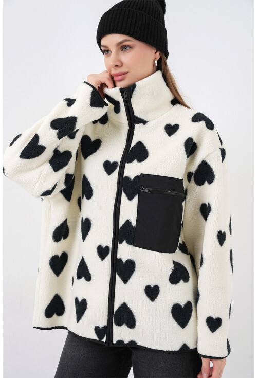 55446 Fermuarlı Oversize Peluş Ceket Mont