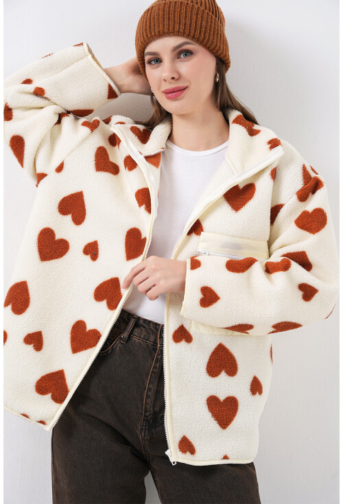 55446 Fermuarlı Oversize Peluş Ceket Mont