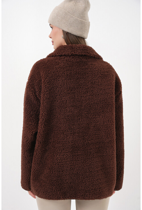 55446 Fermuarlı Oversize Peluş Ceket Mont